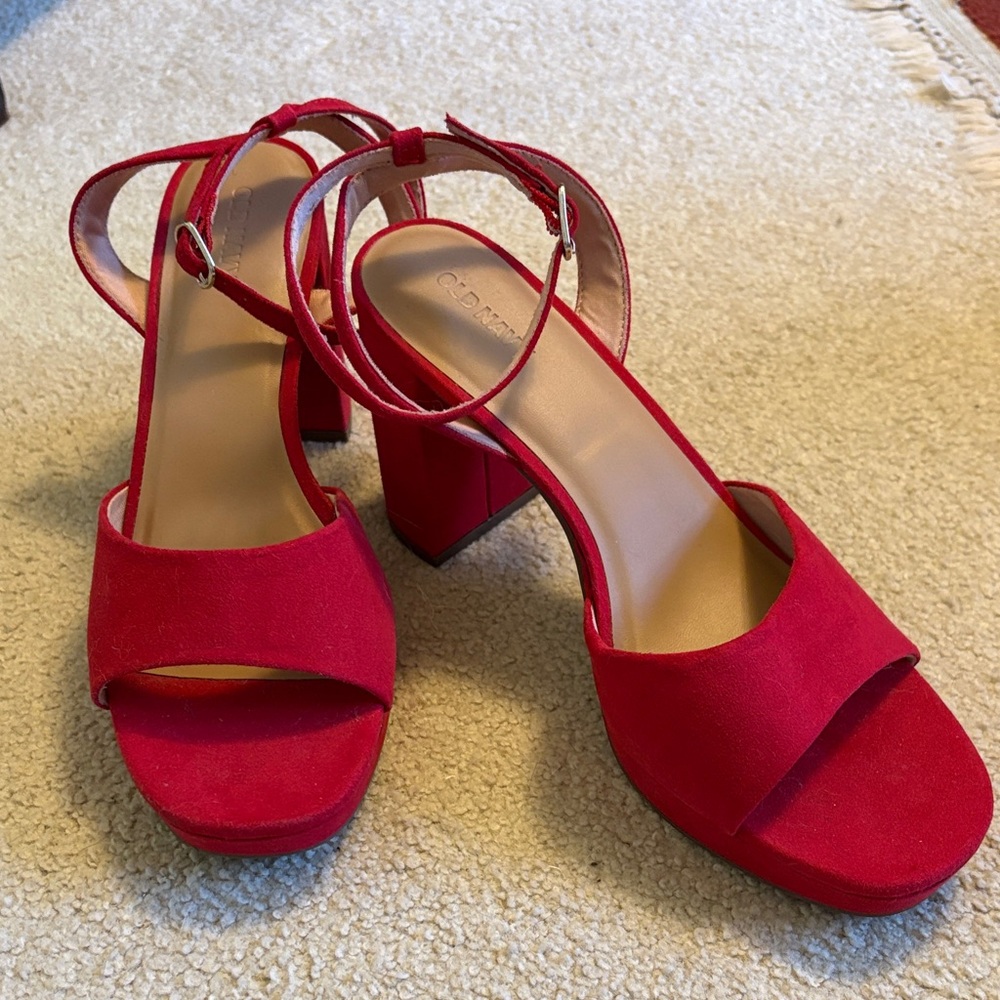 Red Block Heel Sandals with Ankle Strap - Women